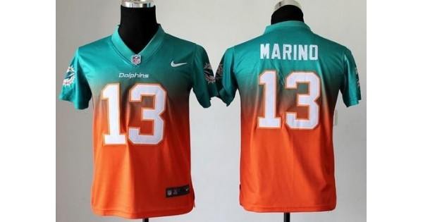 NFL Jersey England London-Miami Dolphins #13 Dan Marino Aqua Green-Orange  Youth Stitched NFL Elite Fadeaway Fashion Jersey