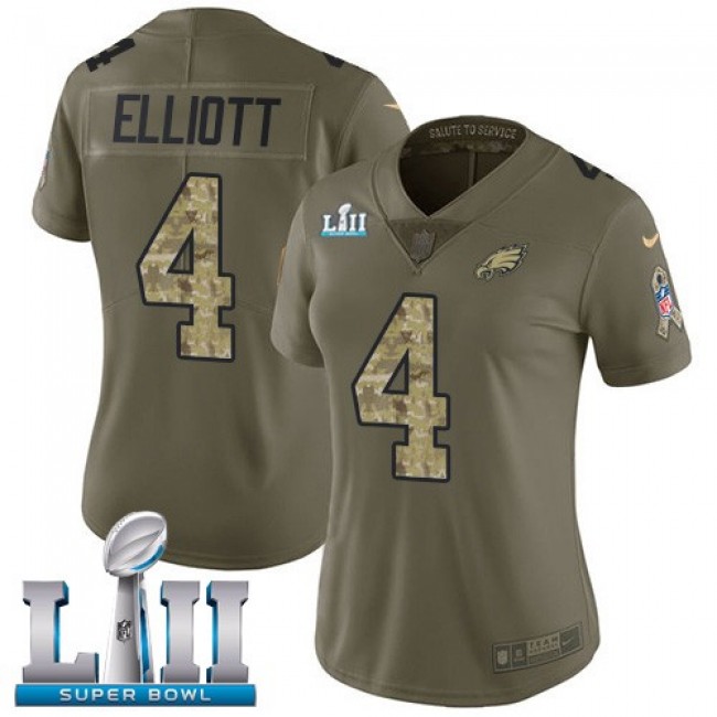 Women's Eagles #4 Jake Elliott Olive Camo Super Bowl LII Stitched NFL Limited 2017 Salute to Service Jersey